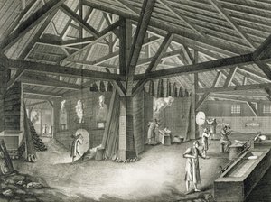 ロバートベナール（b.1734）によって彫刻されたデニスディドロ（1713-84）の「百科事典」からのガラス製造工場、c.1770を発行（172391、172392、172394も参照） 作： Radel